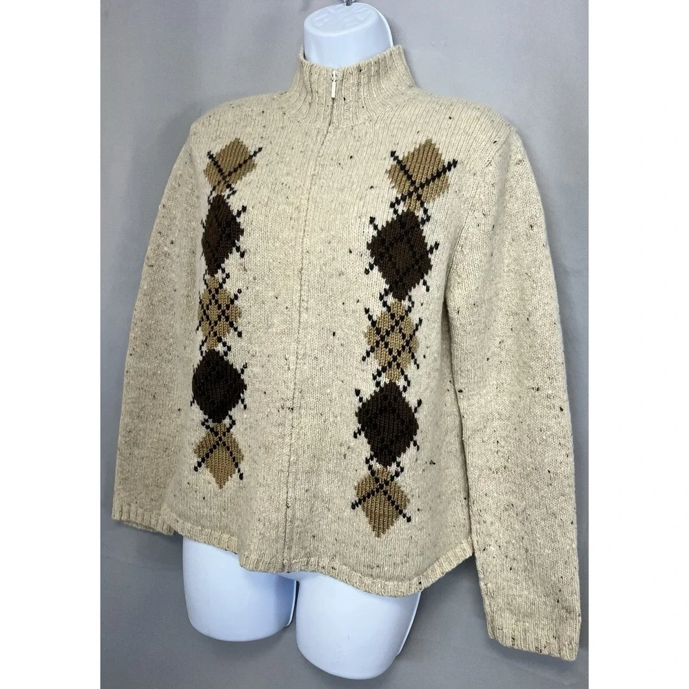 VTG Eddie Bauer 100% Wool Full Zip‎ Up Argyle Knit Sweater Sz Medium Beige Y2K